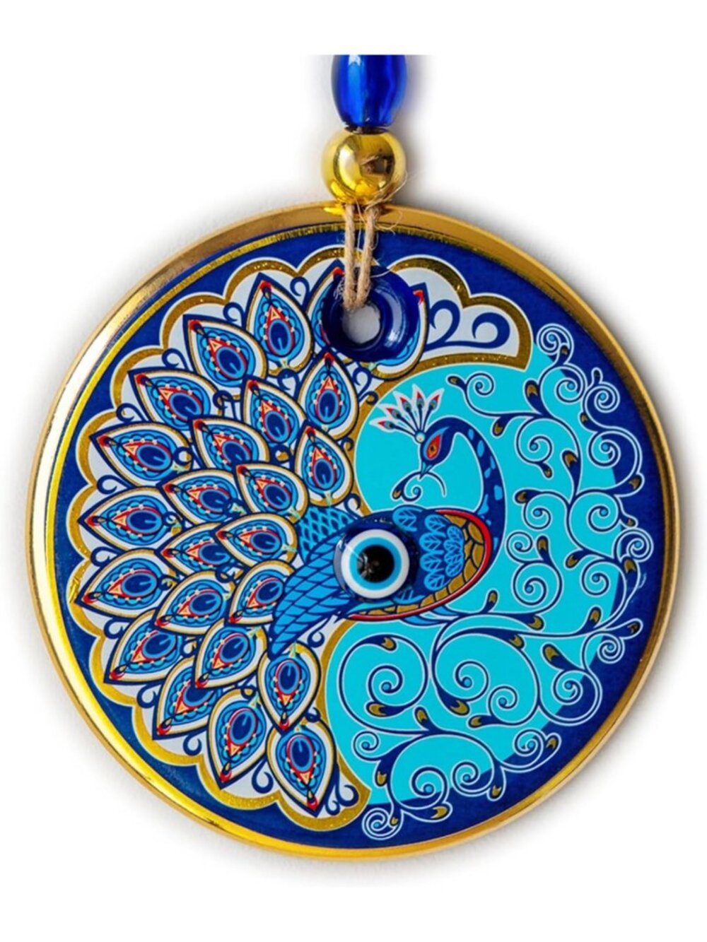 Handmade Turkish Evil Eye Wall Hanging, Peacock Design, 5.1" Glass Nazar, Good